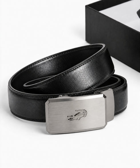 LACOSTE GENUINE LEATHER PLAQUE BUCKLE BELT – BLACK