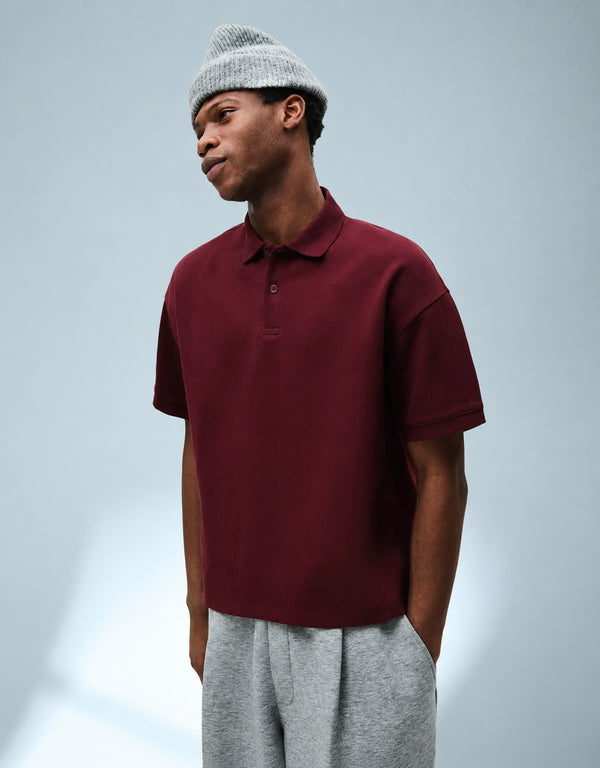 BERSHKA ESSENTIAL RELAXED POLO SHIRT - MAROON
