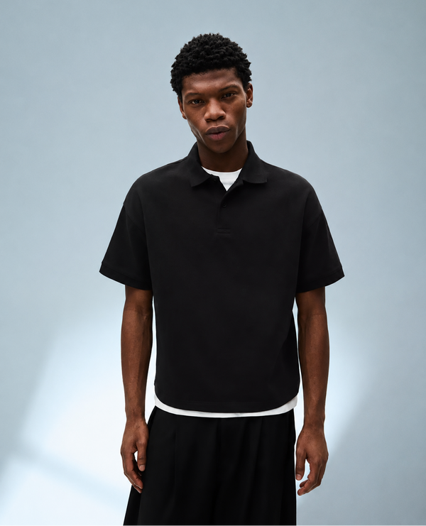BERSHKA ESSENTIAL RELAXED POLO SHIRT - BLACK