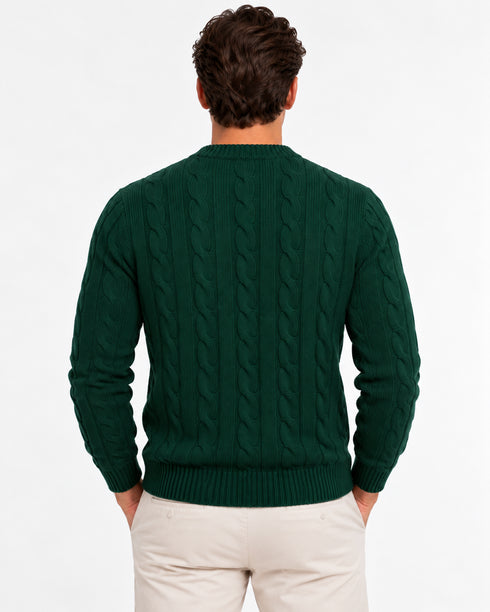 LORO PIANA MEN'S PREMIUM CABLE KNIT CREW NECK SWEATER – FOREST GREEN