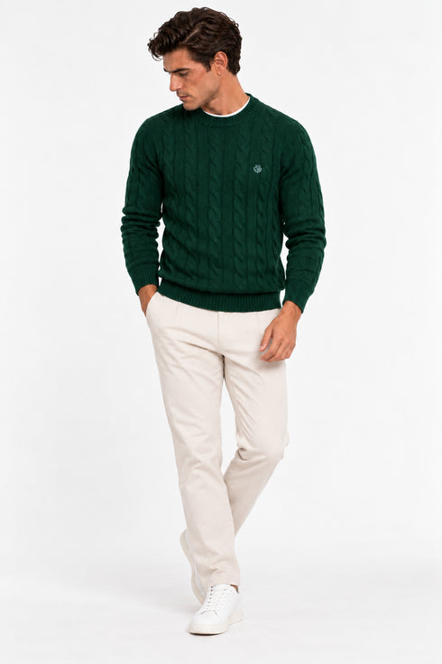 LORO PIANA MEN'S PREMIUM CABLE KNIT CREW NECK SWEATER – FOREST GREEN