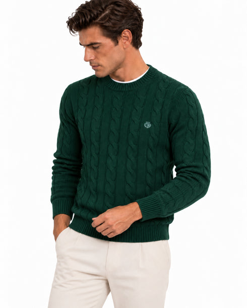 LORO PIANA MEN'S PREMIUM CABLE KNIT CREW NECK SWEATER – FOREST GREEN