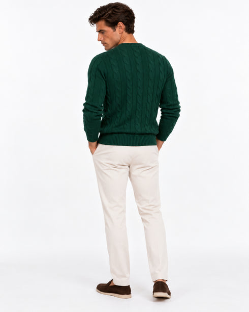 LORO PIANA MEN'S PREMIUM CABLE KNIT CREW NECK SWEATER – FOREST GREEN