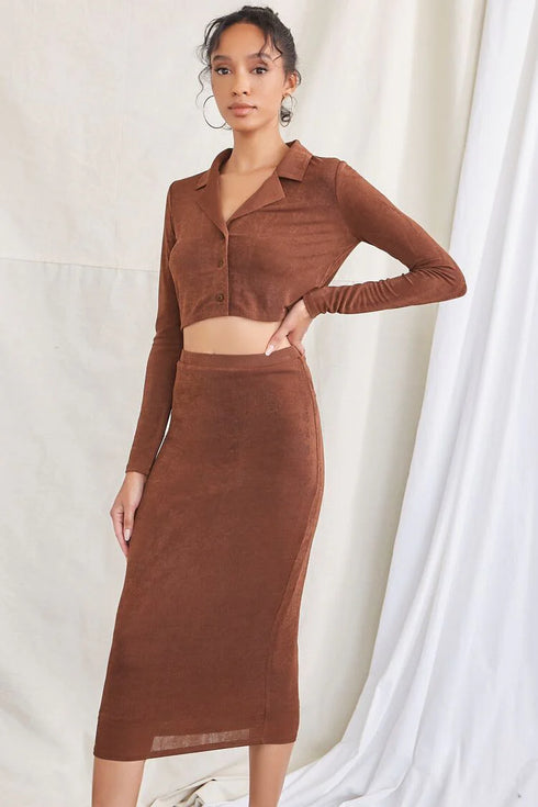 FOREVER 21 BROWN LONG SLEEVE CROP TOP & MIDI SKIRT SET