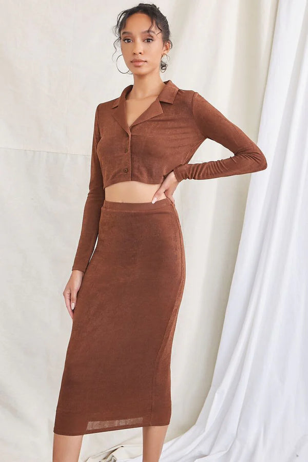 FOREVER 21 BROWN LONG SLEEVE CROP TOP & MIDI SKIRT SET