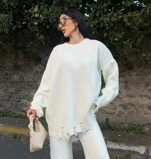WOMEN KNITTED DISTRESSED CO-ORD SET - OFF WHITE