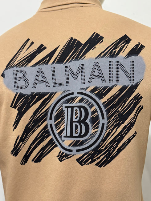 BALMAIN SLIM FIT LOGO PATCH POLO SHIRT - BEIGE