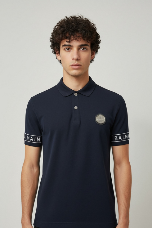 BALMAIN PARIS EDGE SLEEVE STATEMENT POLO – METALLIC B BUTTON EDITION