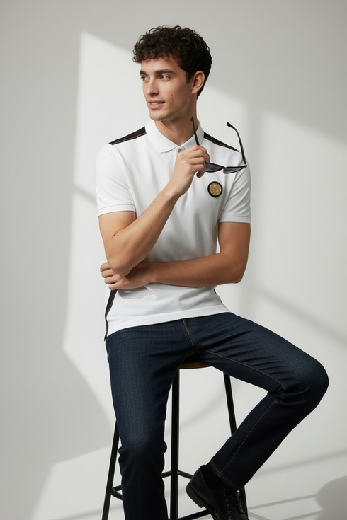 BALMAIN STATEMENT TAPE POLO – METALLIC B BUTTON EDITION - WHITE