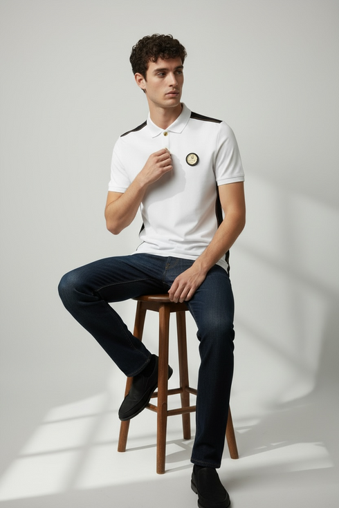 BALMAIN STATEMENT TAPE POLO – METALLIC B BUTTON EDITION - WHITE