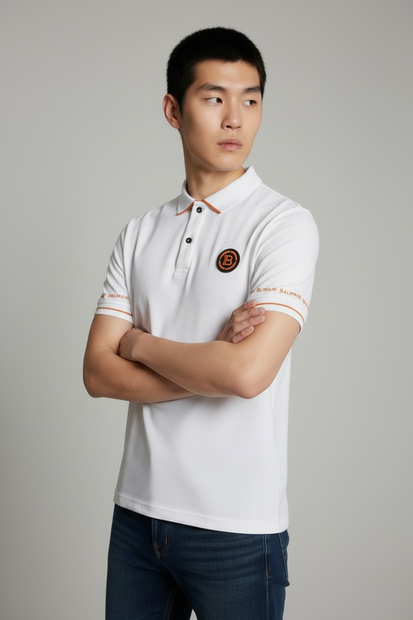 BALMAIN SLIM FIT LOGO PATCH POLO SHIRT - WHITE