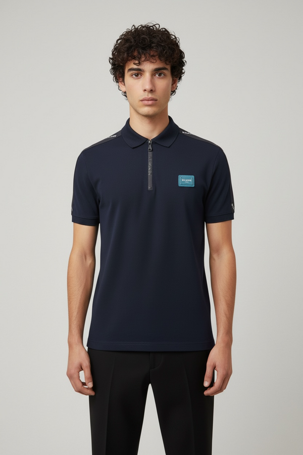 BALMAIN POLO SHIRT WITH ZIP PLACKET - NAVY