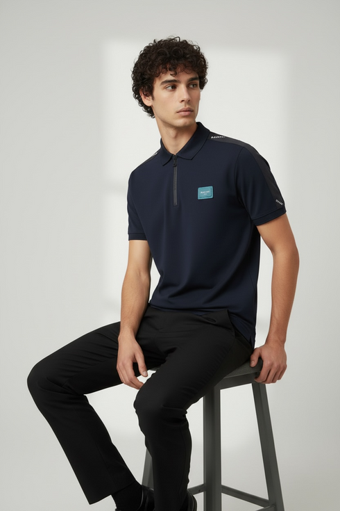 BALMAIN POLO SHIRT WITH ZIP PLACKET - NAVY