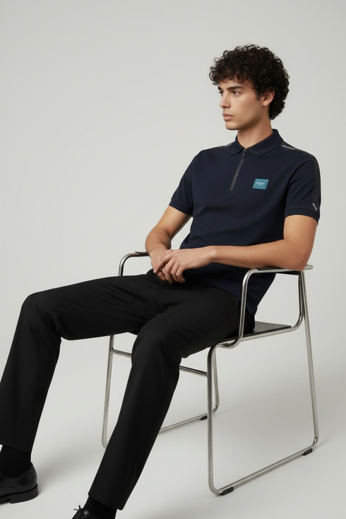 BALMAIN POLO SHIRT WITH ZIP PLACKET - NAVY