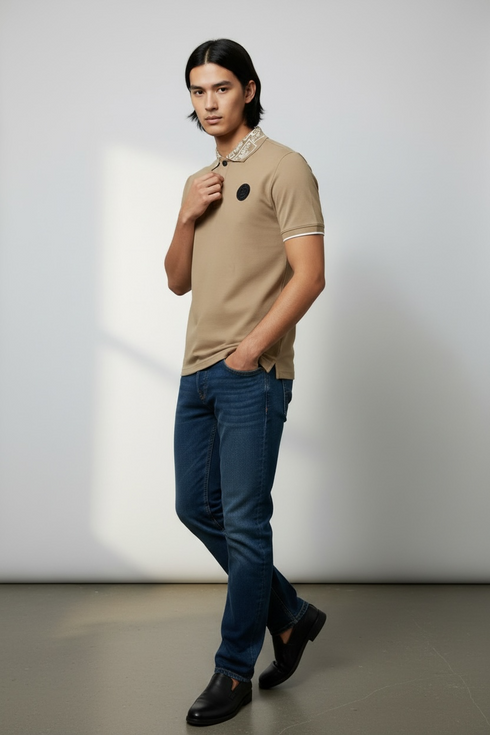 BALMAIN SIGNATURE LOGO POLO – METALLIC B BUTTON EDITION - BEIGE