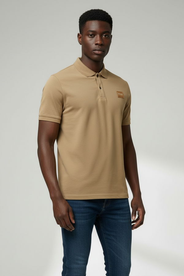 BALMAIN SLIM FIT LOGO PATCH POLO SHIRT - BEIGE