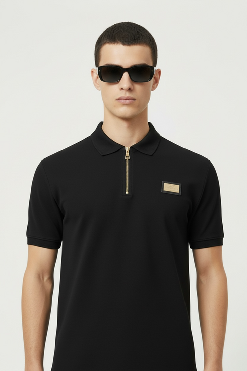 BALMAIN POLO SHIRT WITH ZIP PLACKET - BLACK