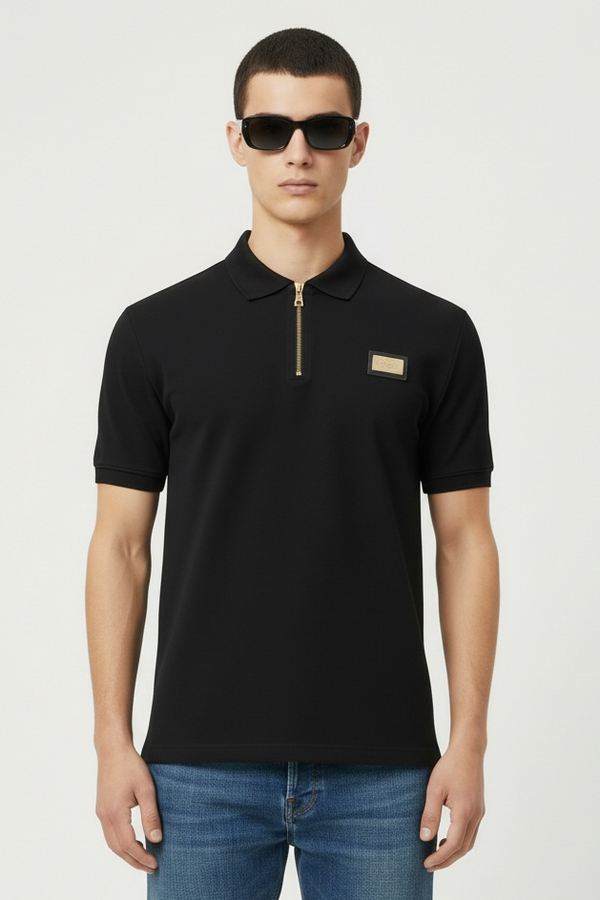 BALMAIN POLO SHIRT WITH ZIP PLACKET - BLACK