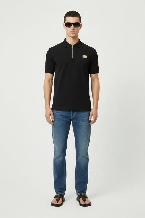 BALMAIN POLO SHIRT WITH ZIP PLACKET - BLACK