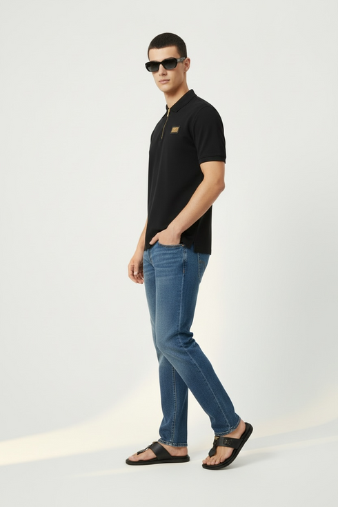 BALMAIN POLO SHIRT WITH ZIP PLACKET - BLACK