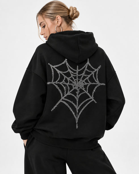 CROPP WOMEN'S BLACK OVERSIZED RHINESTONE SPIDER HOODIE