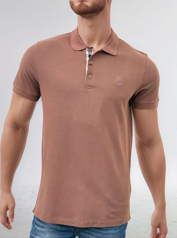 BURBERRY - COTTON PIEQUÉ POLO SHIRT WITH MONOGRAM MOTIF BROWN