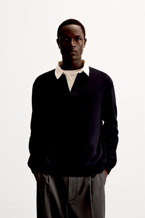 ZARA CONTRAST COLLAR POLO SHIRT - BLACK