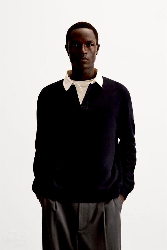 ZARA CONTRAST COLLAR POLO SHIRT - BLACK