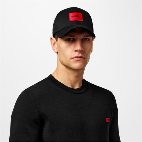 HUGO COTTON TWILL CAP WITH RED LOGO LABEL - BLACK