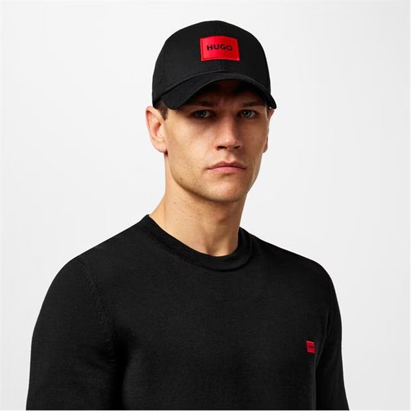 HUGO COTTON TWILL CAP WITH RED LOGO LABEL - BLACK