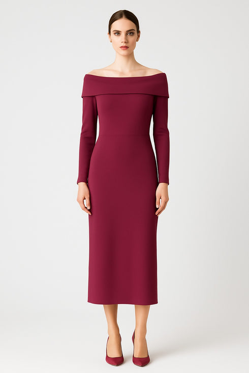 BARDOT RIB-KNIT OFF THE SHOULDER MIDI DRESS
