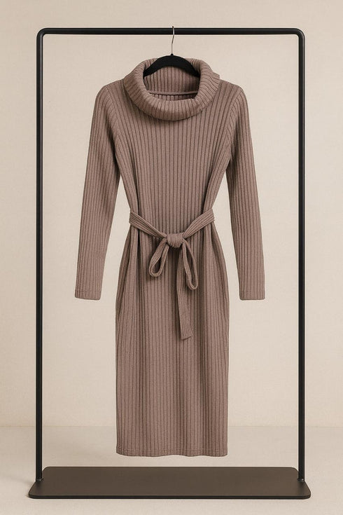 RIBBED KNIT TURTLE-NECK BELTED DRESS