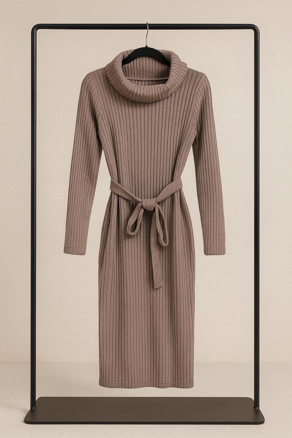 RIBBED KNIT TURTLE-NECK BELTED DRESS