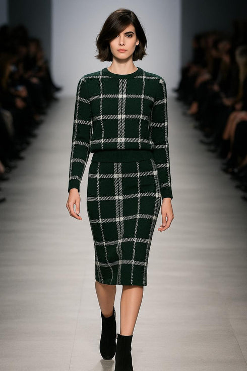 ANN TAYLOR GREEN PLAID SWEATER AND PENCIL SKIRT SET
