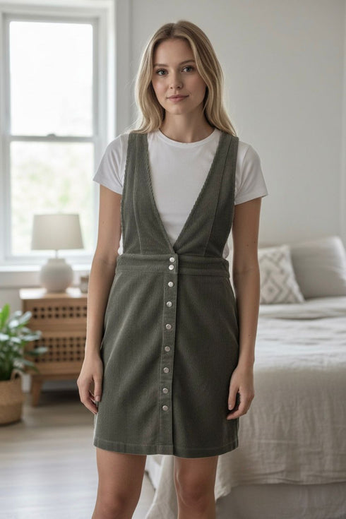 FOREVER 21 OLIVE CORDUROY BUTTON-FRONT MINI DRESS