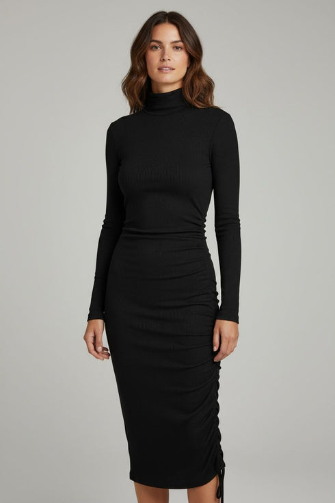 FOREVER 21 RIBBED TURTLE-NECK RUCHED MIDI DRESS