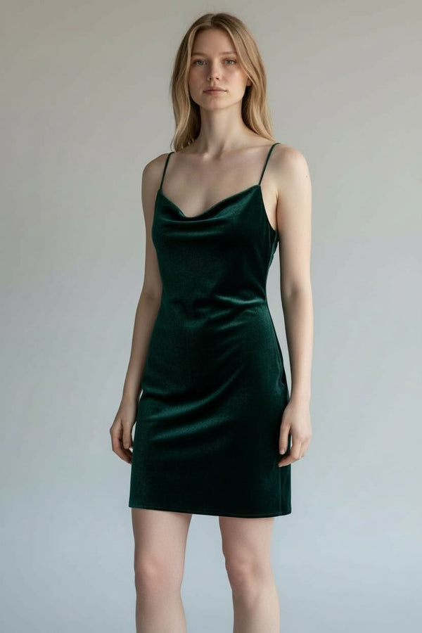 HIPPI ROSE JUNIORS HUNTER GREEN VELVET COWL NECK MINI DRESSS