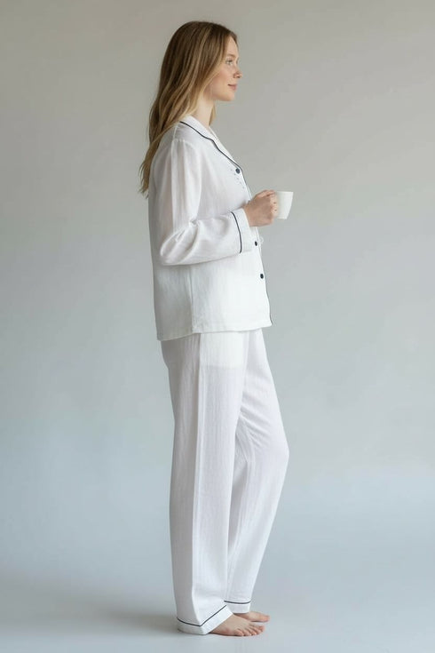 IVORY WHITE PIPED NIGHT-SUIT SET
