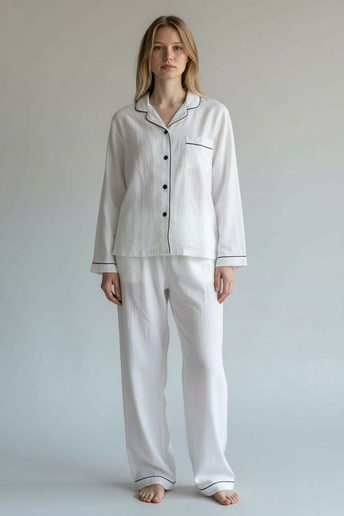 IVORY WHITE PIPED NIGHT-SUIT SET