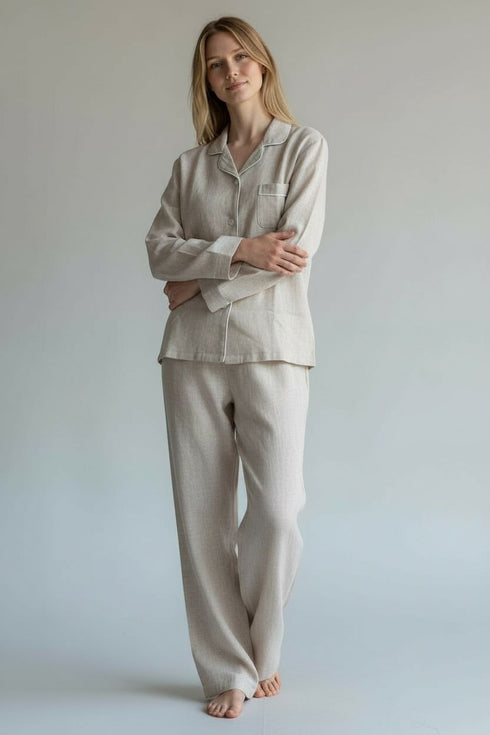 IVORY BEIGE PIPED NIGHT-SUIT SET