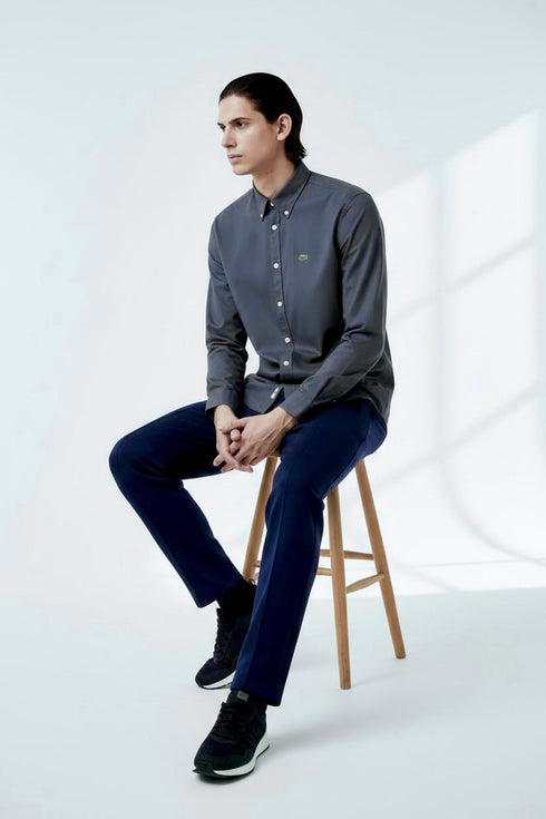 LACOSTE MEN'S SLIM FIT COTTON SHIRT - CHARCOAL