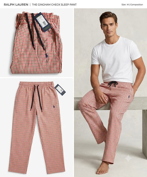 RALPH LAUREN CHECKED DRAWSTRING TROUSERS - RED