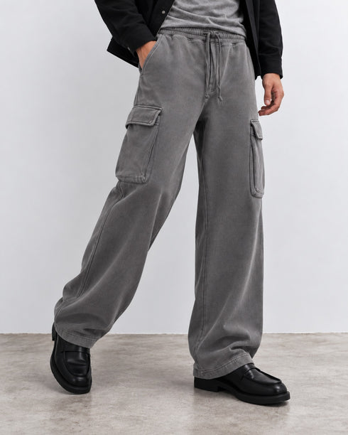 WASHED GREY RELAXED FIT CARGO TROUSERS