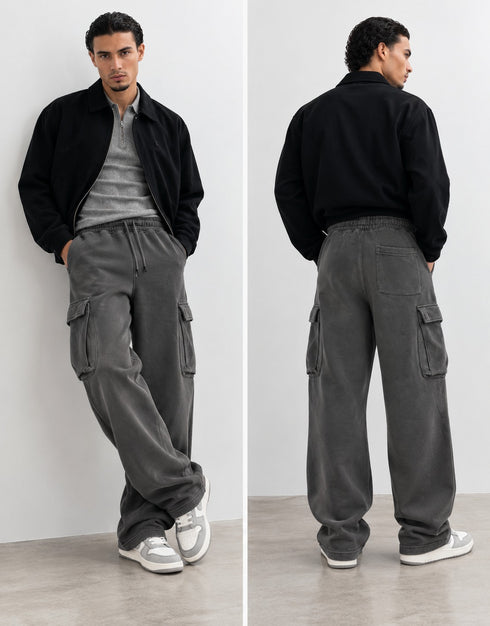 WASHED GREY RELAXED FIT CARGO TROUSERS