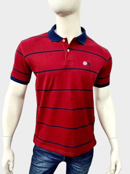 POLO RALPH LAUREN CUSTOM FIT MESH COTTON STRIPE POLO T-SHIRT - MAROON