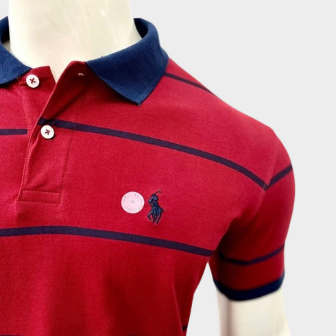 POLO RALPH LAUREN CUSTOM FIT MESH COTTON STRIPE POLO T-SHIRT - MAROON