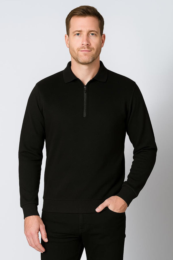 BLUE SEVEN HALF ZIP TEXTURE POLO FULL SLEVEES