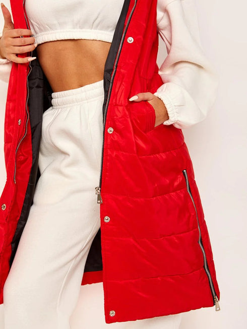 RISING WOMEN’S QUILT HOODED LONG JACKET - RED