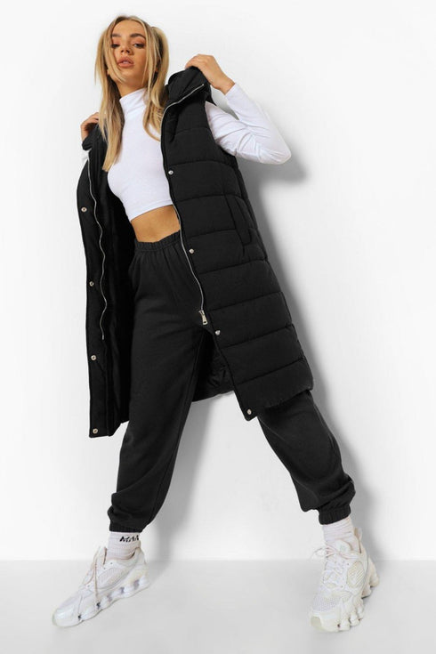 RISING WOMEN’S QUILT HOODED LONG JACKET - BLACK