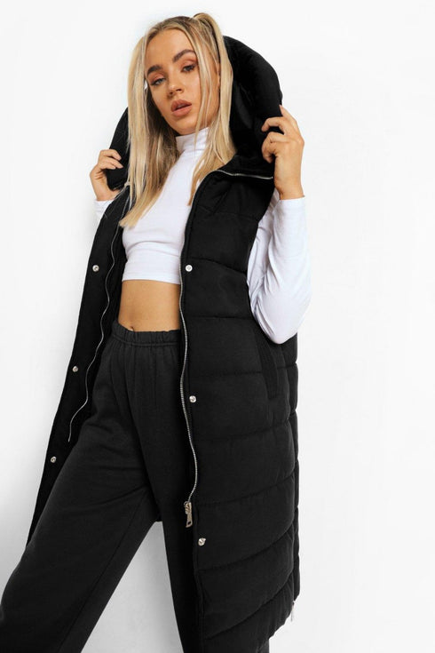RISING WOMEN’S QUILT HOODED LONG JACKET - BLACK